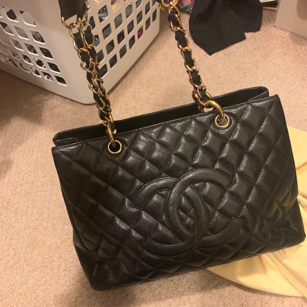 CHANEL Black Quilted Caviar Leather Tote with Gold Chain Straps